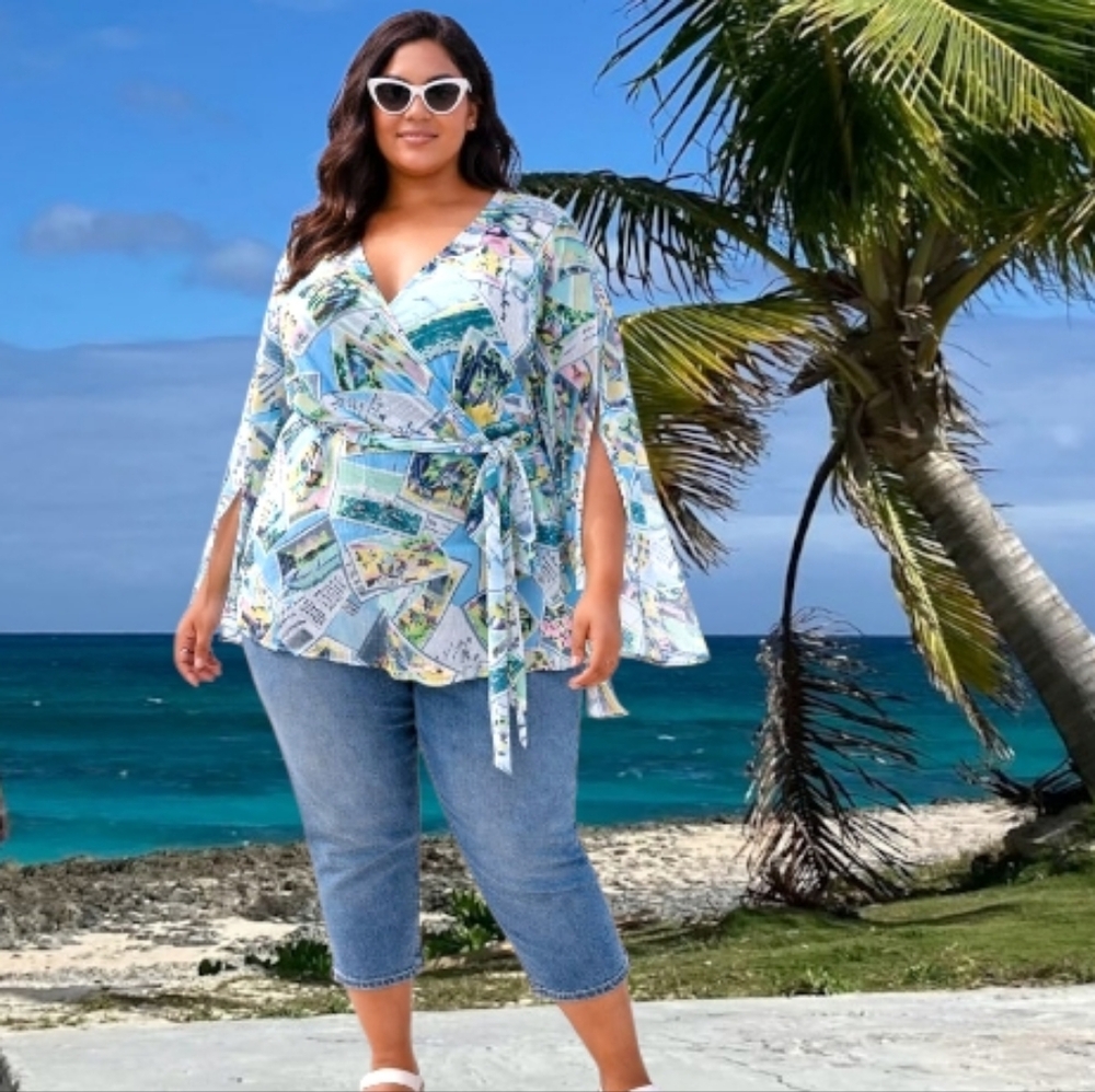 Lane Bryant Vacational Bahamas Theme Wrap Sheer Top Sz 14